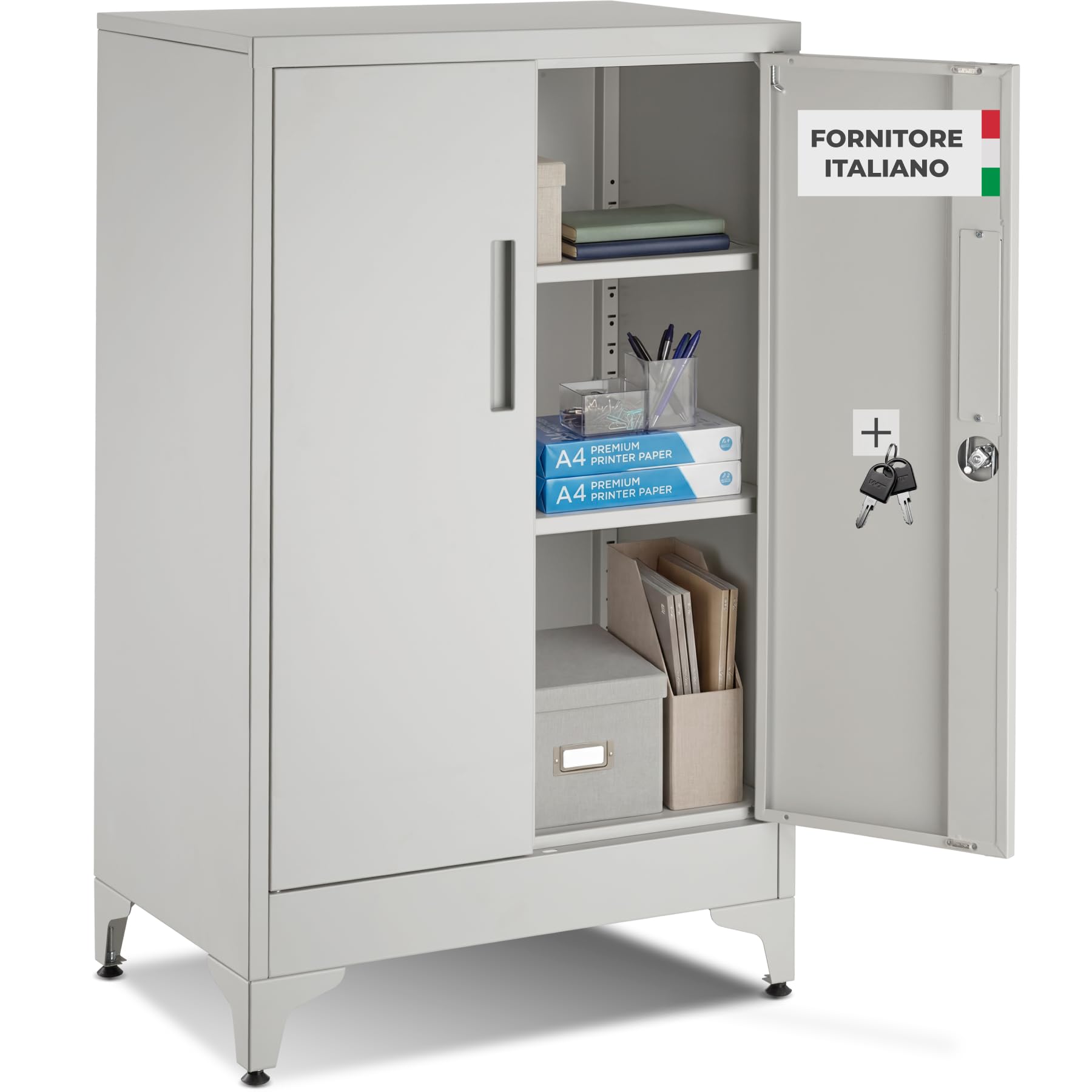 tectake® Armadietto in Metallo Portadocumenti in Acciaio, 60 x 40 x 100 cm, 3 Ripiani Regolabili, Chiusura Magnetica e Chiave, Scaffale Metallo Garage, Mobile Ufficio, Piedini Regolabili - Grigio