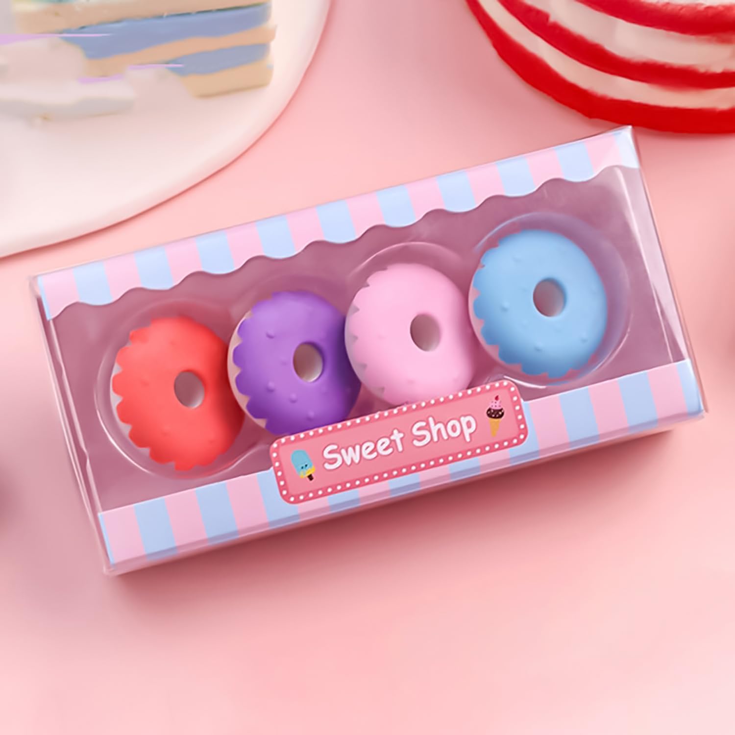 MAPPERZ Cute Colorful Mini Doughnut Shape Rubber Pencil Erasers, Stationery for Home, Office, School Kids, Cool Fun Rewards and Novelty Toys for Art Erasers for Drawing, Pack of 4