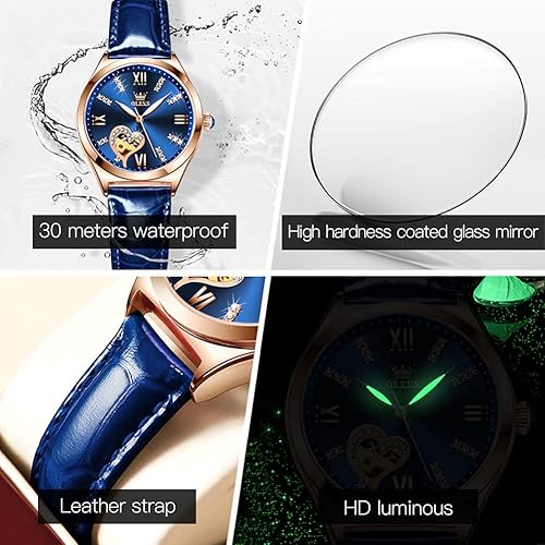 Miniatura 4 de OLEVS Reloj mecánico automático para mujer, correa de cuero, cuerda automática, reloj de pulsera para mujer, esfera de corazón de diamante,