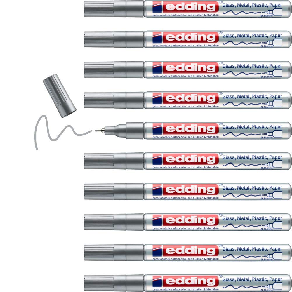 edding 780 znakowanie błyszczące farby - srebro - 10 markerów z połyskiem - bardzo cienka końcówka 0,8 mm - do rysowania, kolorowania, scrapbookingu - wodoodporna, wysoce nieprzezroczysta