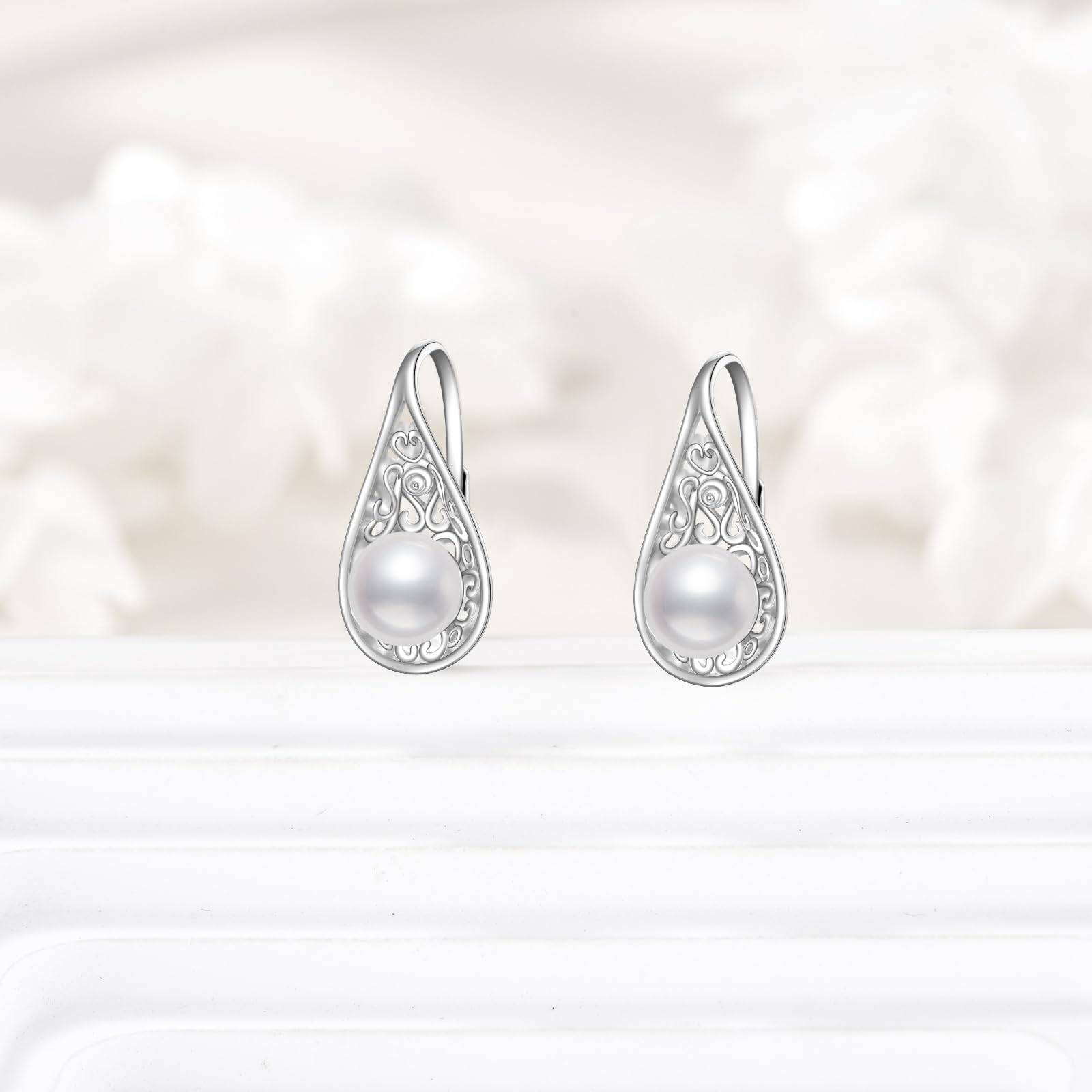 POPLYKE Weiße Perlenohrringe für Frauen Sterling Silber Vintage Filigran Teardrop Dangle Drop Ohrringe Geburtstag Schmuck Geschenke für Sie