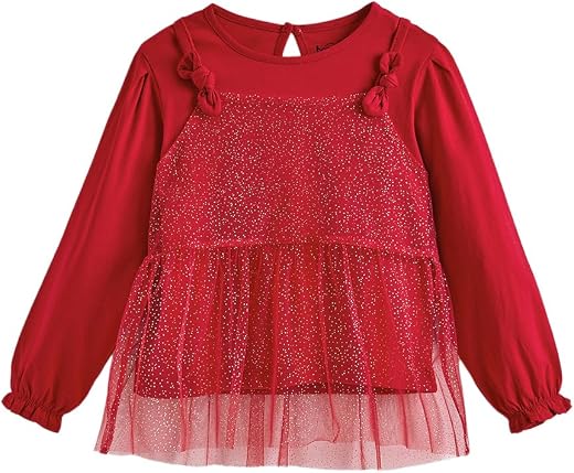 Hopscotch Girls Glitter Tulle Bow Applique T-Shirt in Red Color
