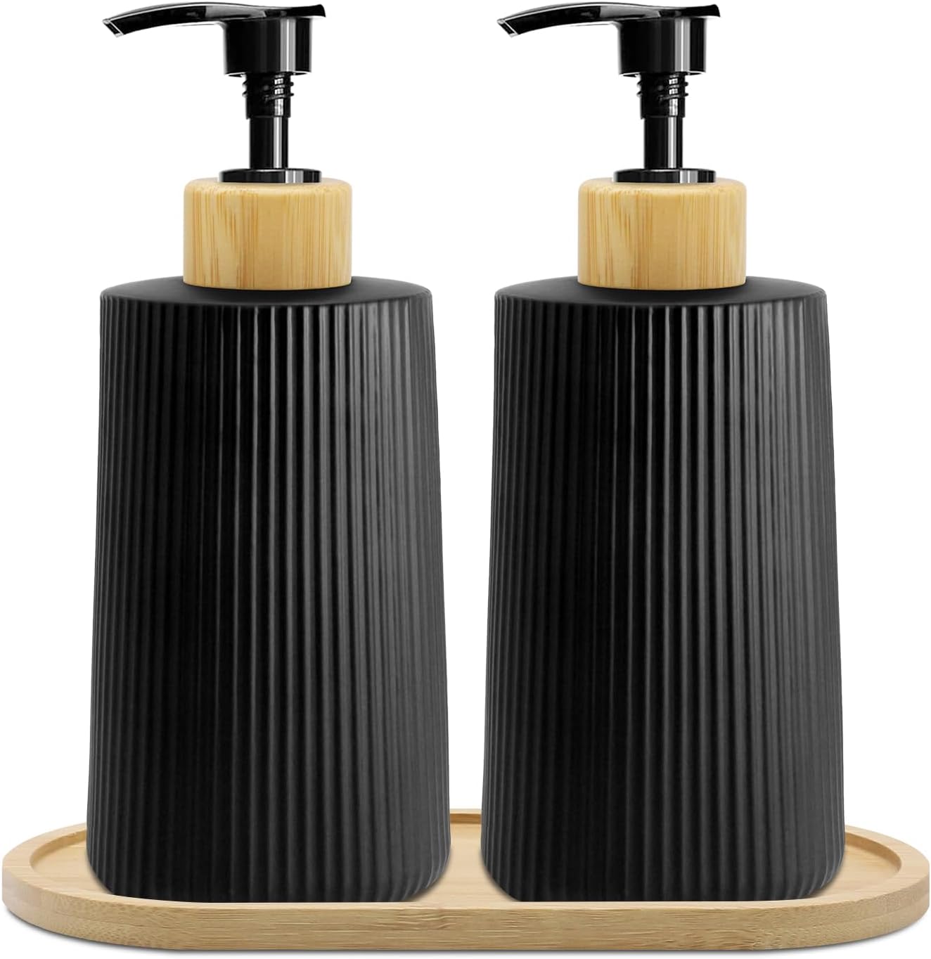 2 Pack Glass Small Soap Dispenser with Tray for Bathroom and Kitchen 250ml/8.5oz Dish Soap Dispenser Modern Farmhouse Striped Style Hand Soap Dish Soap Dispenser with Pump (Black)