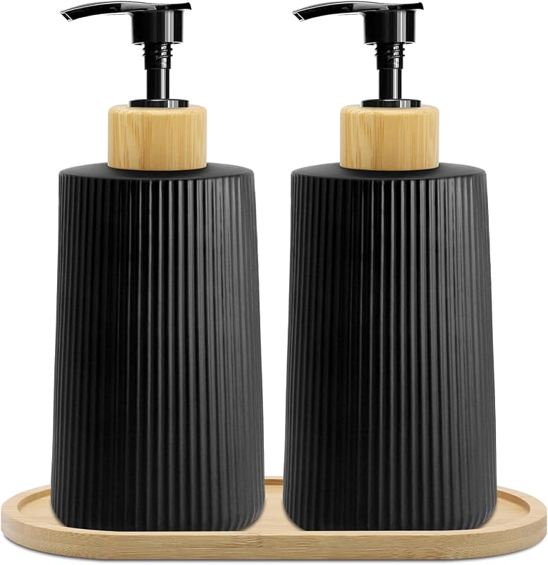 Conjunto DUMUTRIJIN com 2 frascos de vidro para sabonete líquido, 250 mL, com bandeja e bombas, preto