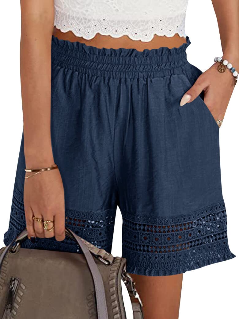 Women's Casual Elastic Waist Lounge Shorts Comfy Stretch Lace Trim Summer Beach Linen Ruffle Shorts