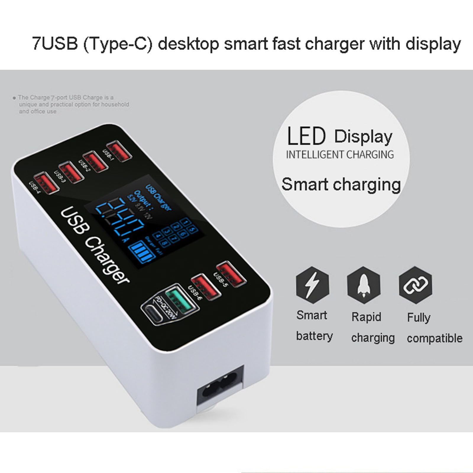 Stazione di ricarica USB per caricabatterie multiplo USB da 40 W, hub per caricabatterie USB multiporta con display Alimentatore USB compatibile con telefoni iOS e Android