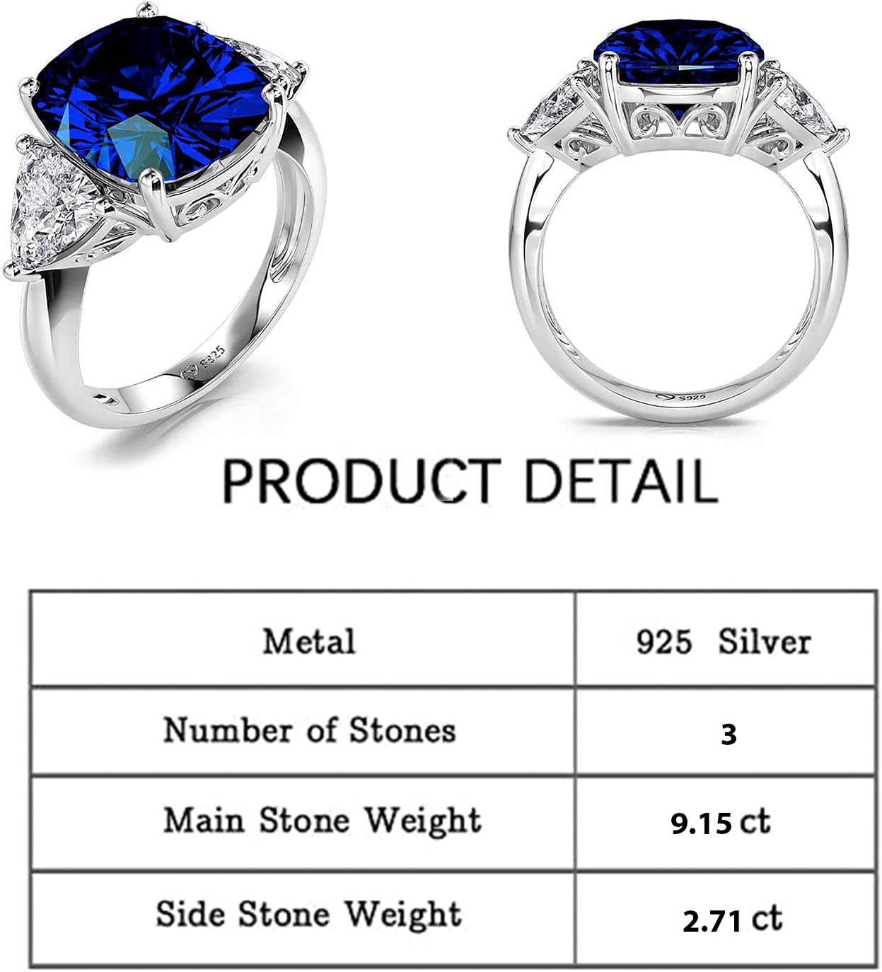 Jeulia Cushion Cut Gemstone Three Stone Ring: Sterling Silver Blue Simulated Sapphire Women's Engagement Ring Wedding Anniversary Christmas Birthday with Jewelry Gift Box