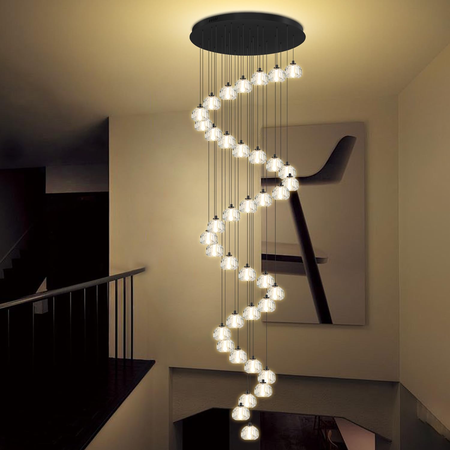D32''x H170'' Extra Large Chandelier for Villa Staircase Led Long Crystal Ball Chandelier for High Ceiling Black 38 Light