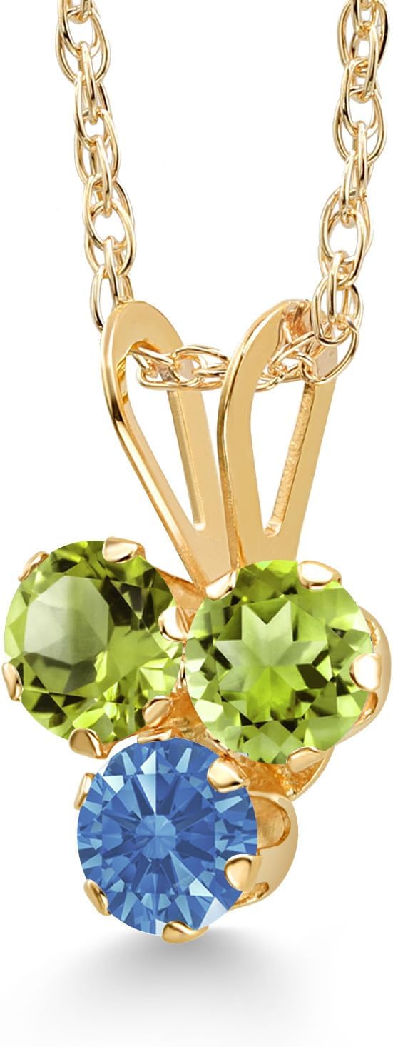 Gem Stone King 14K Yellow Gold Green Peridot and Fancy Blue Zirconia 3-Stone Pendant Necklace For Women (0.35 Cttw, Gemstone August Birthstone, Round 3MM, 18 Inch Chain) - Image 2