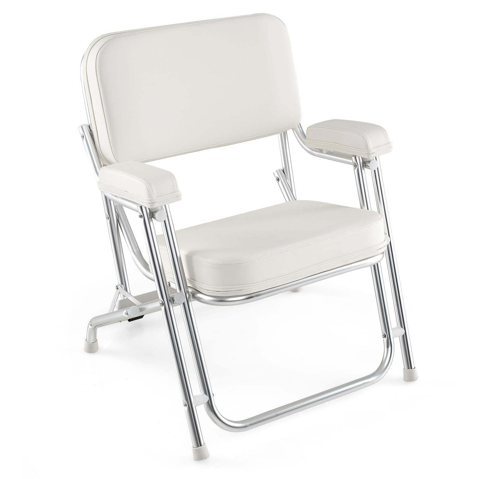 GYMAX Tumbona de Aluminio para Barcos, Silla de Banco Marino con Asiento Acolchado y Reposabrazos Acolchados, Silla Plegable Portátil para Barcos, Yates, Barcos