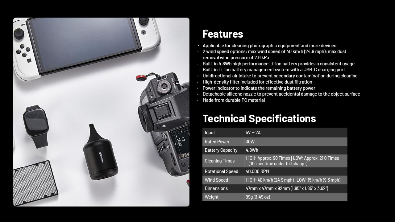 Nitecore BB Nano - Spolverino elettrico con filtro per la pulizia di fotocamere, obiettivi, tastiera, computer, laptop ed elettronica, ricaricabile tramite USB-C, portatile, con filtro e cavo di