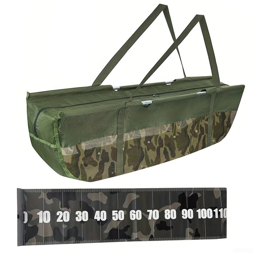 Sacs de pesée de pêche robustes avec règle de mesure 117 cm, sac de transport pliable pour bar, carpe, tissu Oxford, PVC, imperméable, vert, 117 cm, Voir image