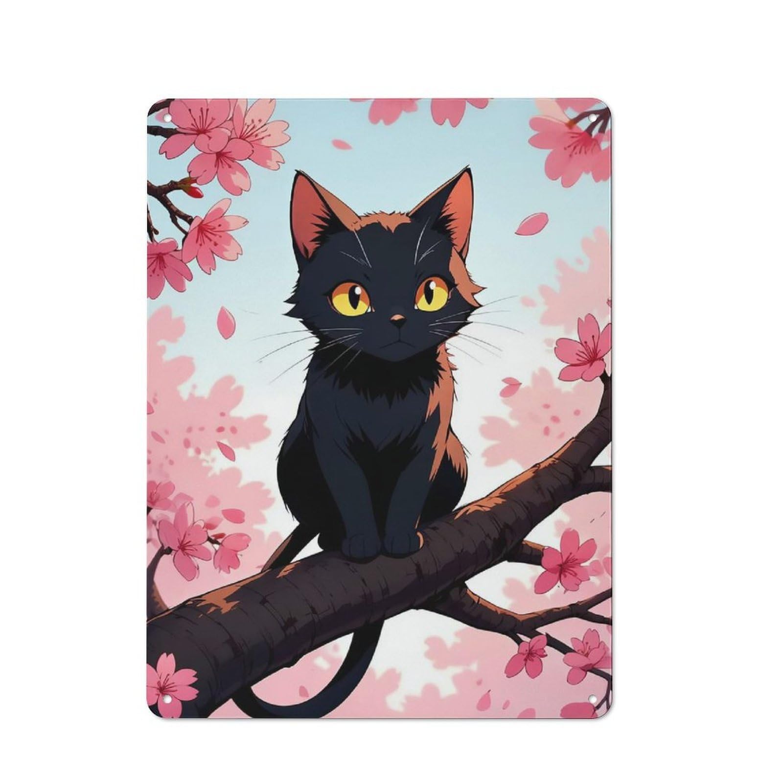 Black Cat in Cherry Blossom Tree Vintage Metal Wall Decor 40x30cm, Tin Wall Sign for Restaurant, Kitchen, Counter Or Breakfast Nook