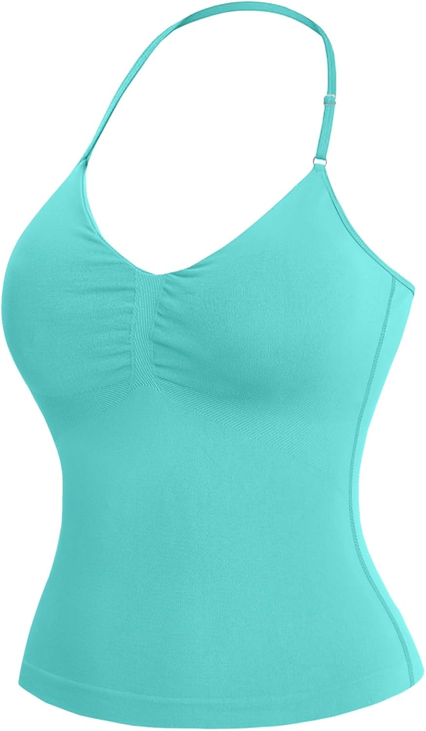 Womens Halter Tank Tops Longline Strappy Top with Built-in Bra V Neck Backless Gym Workout Camis with Adjustable Strap