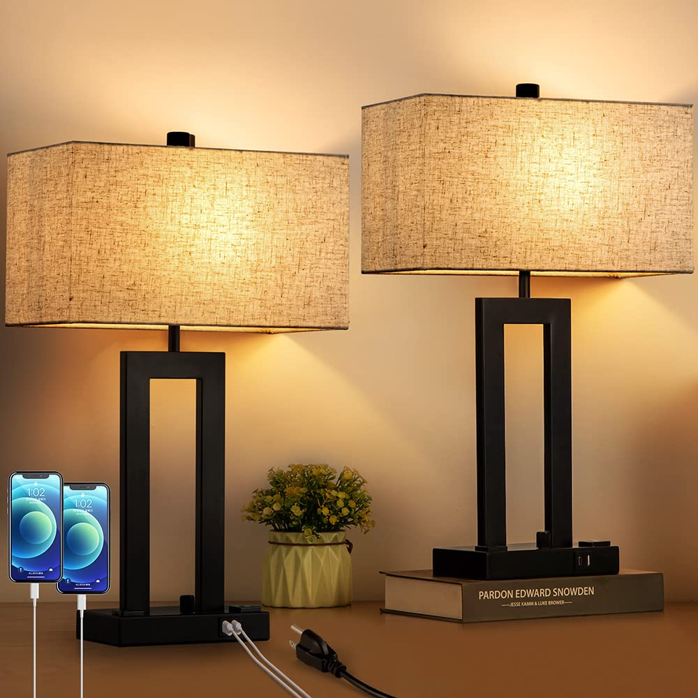 Set of 2 Table Lamps with USB A+C Charging Ports and 2 AC Outlet, Fully Stepless Dimmable Desk Lamps Nightstand Lamps with Fabric Cream Shade for Bedroom Table Living Room Reading, LED Bulbs Included