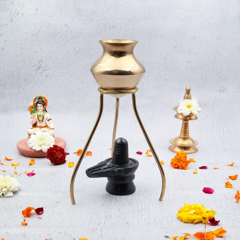 Brass Puja Tripai Stand with Brass Lota for Jal & Milk Abhishekam for Shivlingam for Shivratri Pooja & All Pooja's and Rituals (Size : 17.5cm | Weight : 153gm)-image-43