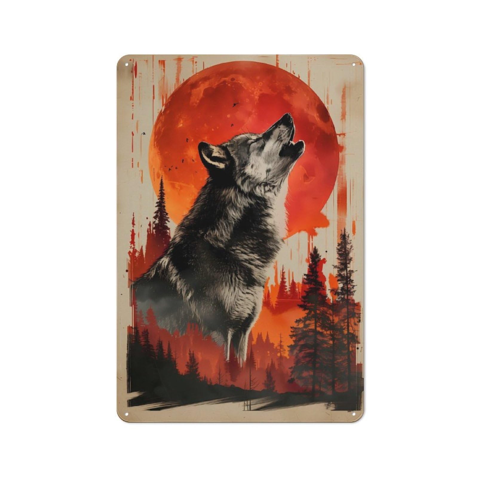 Junmoney Crimson Moon Wolf Call Rustic Tin Sign 30X20cm For Café Or Restaurant, A Decorative Christmas Gift For Hospitality Interior Collectors