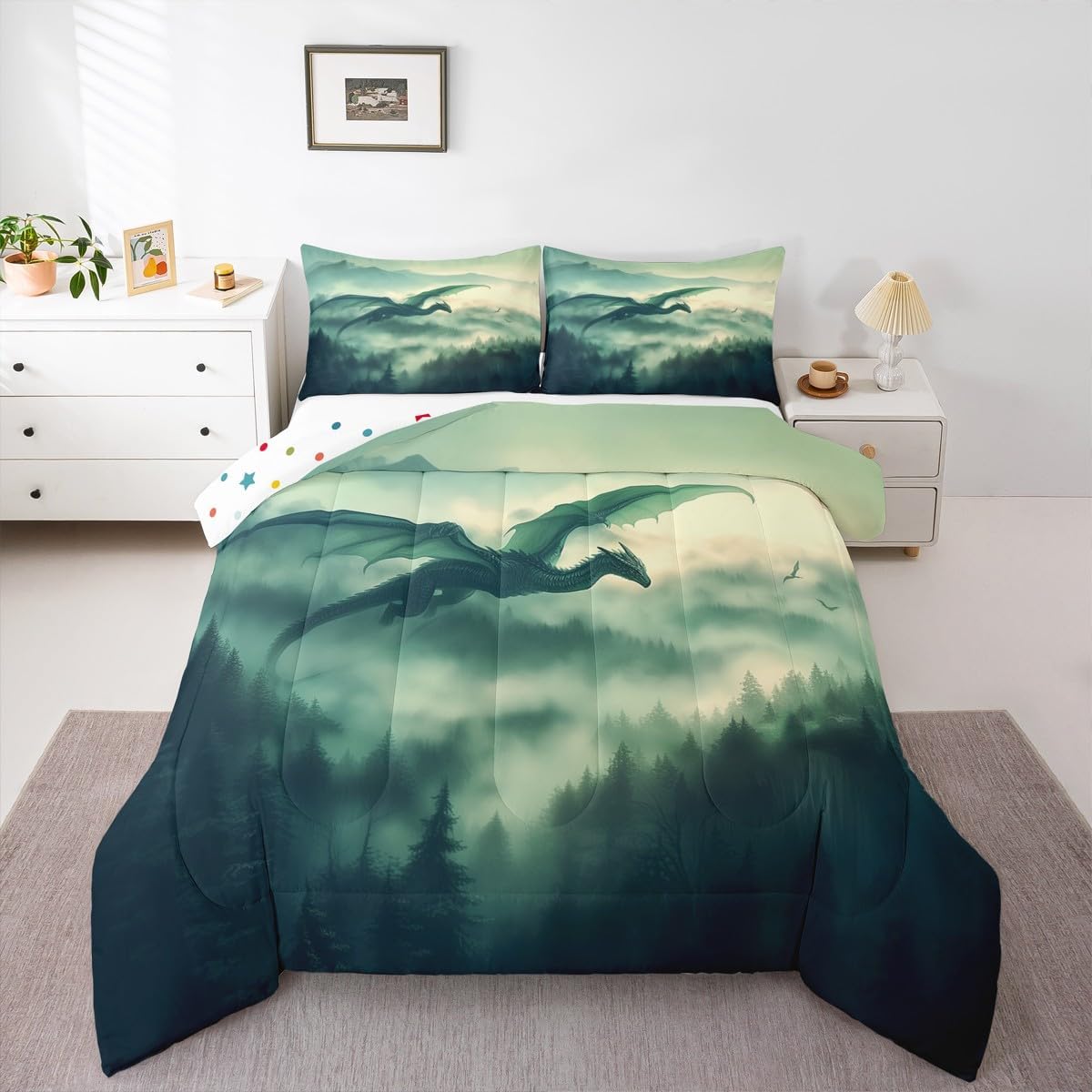 Castle Fairy Flying Dragon Bedding Sets,Western Dragon Animal Decor Comforter Set for Kids Teens Adults,Watercolor Green Jungle Trees Quilted Comforter with 1 Pillowcase Toddler Size 2 Pcs