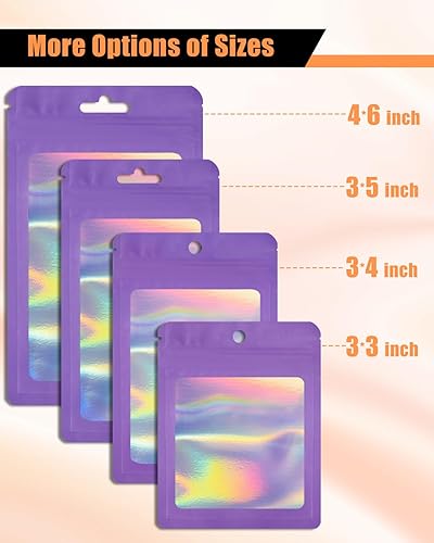 Miniatura 5 de Bolsas resellables de embalaje holográficas, 300 unidades, color morado con ventana transparente para almacenamiento de alimentos, pequeñas empresas