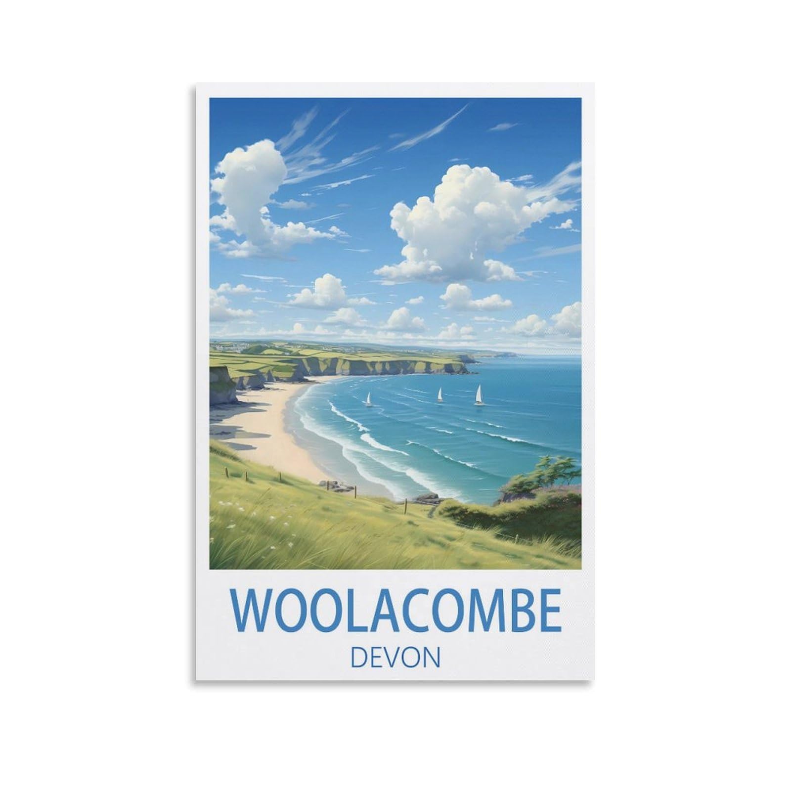 Lcynnh Unframe-Style Woolacombe Devon Vintage Travel Poster Lake 08X12inch(20X30cm) Print Home Bedroom Office Living Room Decor Canvas Poster