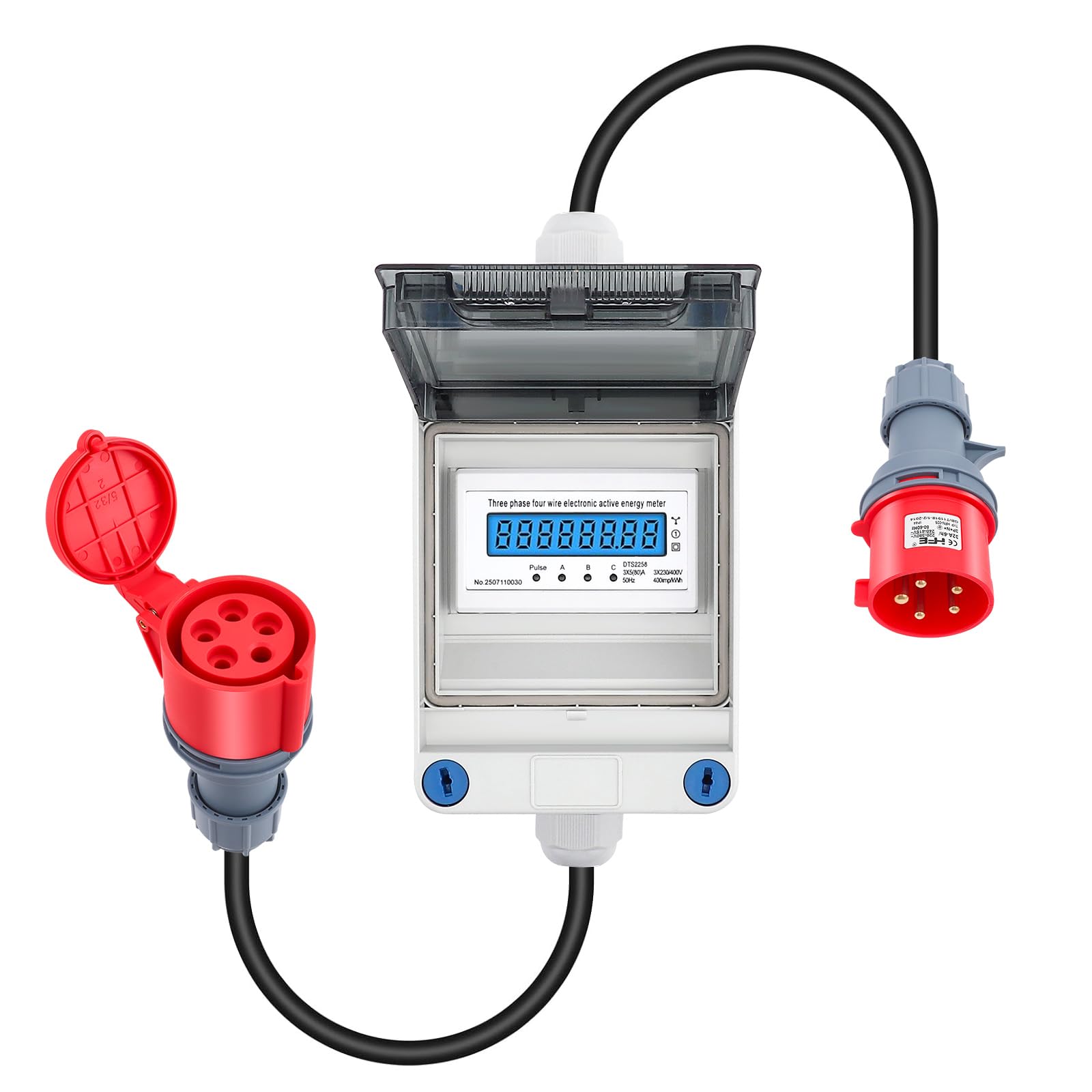 Mobiler Stromzähler, 3 Phasen Mobiler Stromzähler mit CEE Stecker und Kupplung, 32A 400V Mobiler Digitalzähler IP67 Mit Mit Rückstellfunktion, Zwischenzähler für Wohnwagen,Elektrofahrzeuge,Camping