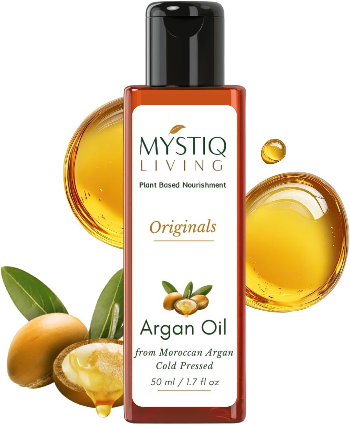 Mystiq Living Pure Moroccan Argan Oil for Hair Growth, Face, Skin, Hair Serum, Moisturizing - 50 ML | Cold Pressed, 100% Pure & Natural