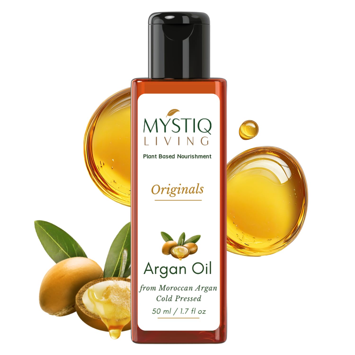 Mystiq Living Pure Moroccan Argan Oil for Hair Growth, Face, Skin, Hair Serum, Moisturizing - 50 ML | Cold Pressed, 100% Pure & Natural