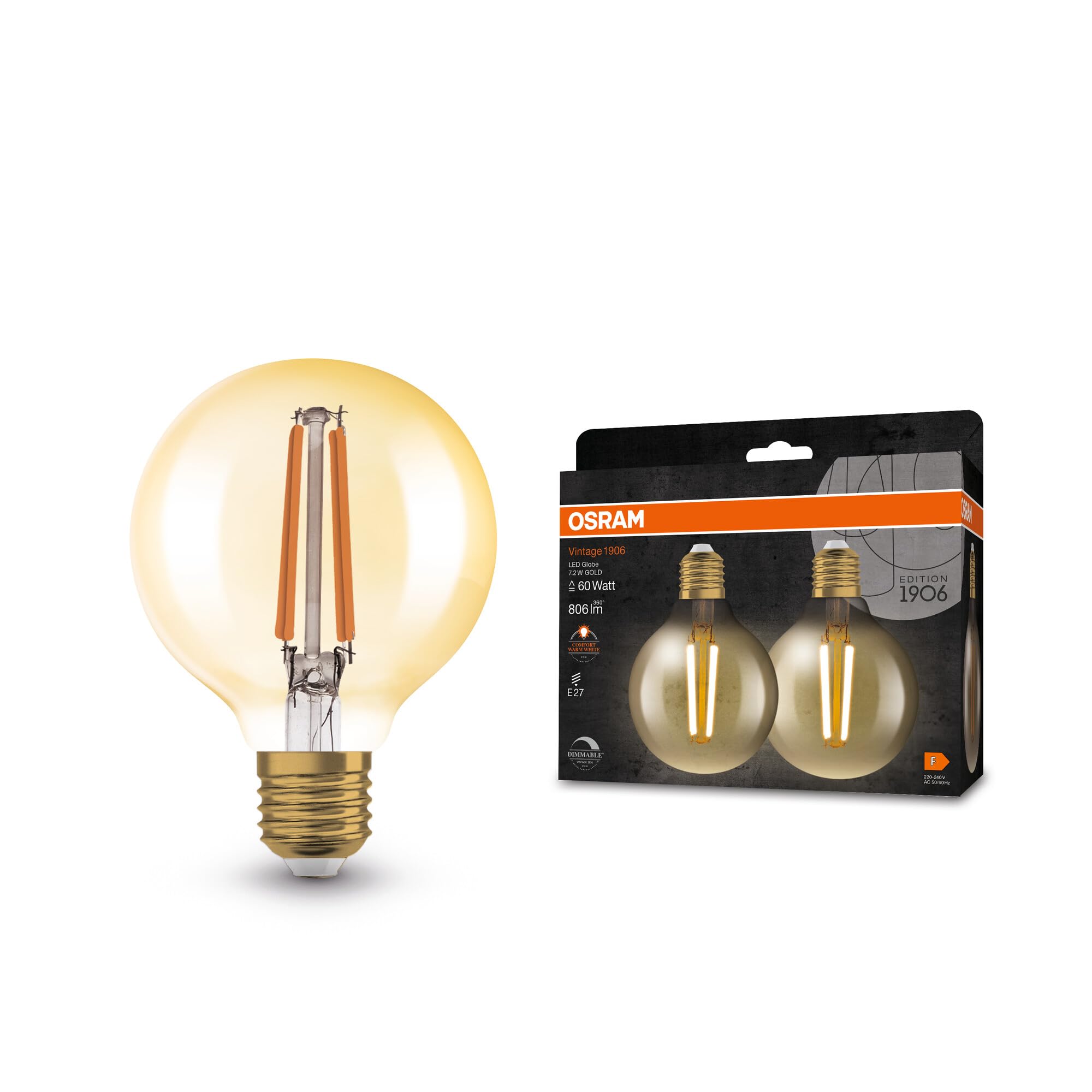 OSRAM Vintage 1906® Classic GLOBE80 FIL 60 LED lamp with Base 27, dimmable, Spherical Shape, Gold, Double Pack, 7.2W, 806lm, 2400K, Reduced Warm White Light, Low Consumption, Long Service Life