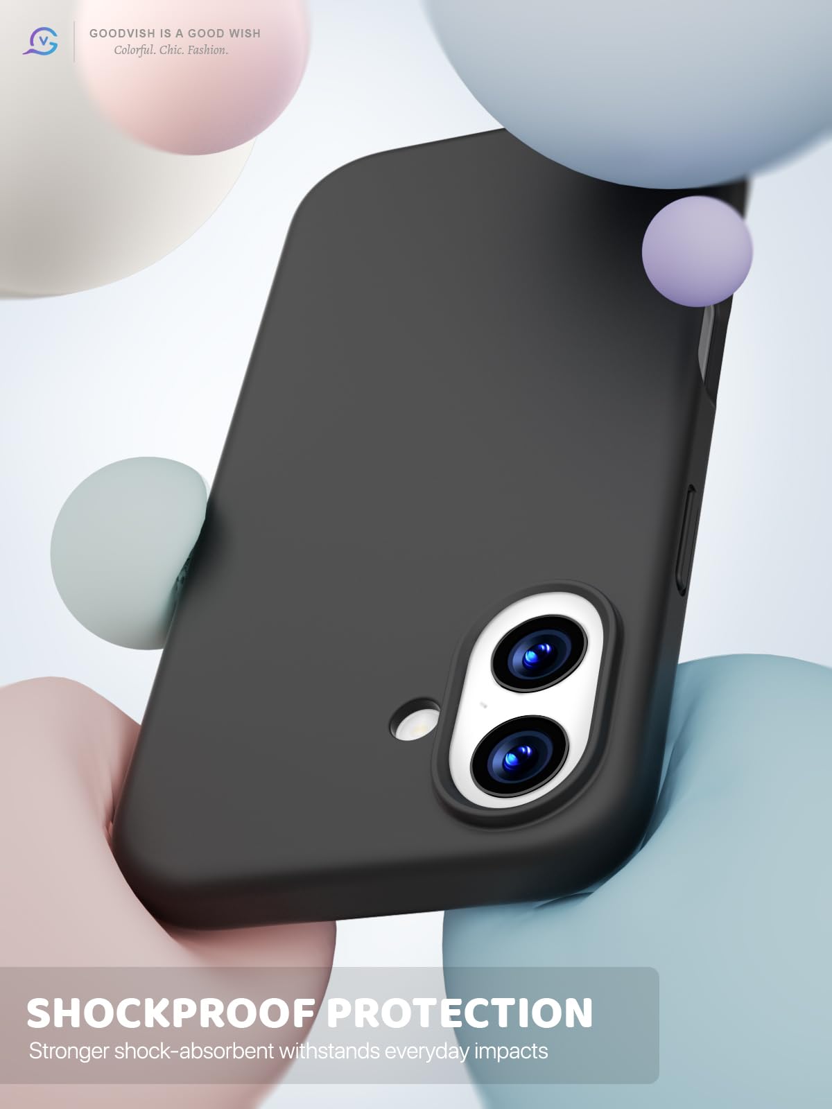 GOODVISH 3 in 1 Silicone Cover per iPhone 17 6.3", Custodia con 2 Pellicola Vetro Temperato [Protezione Fotocamera] 360° Protezione Anticaduta Case per Cellulare Antiurto Resistente, Nero