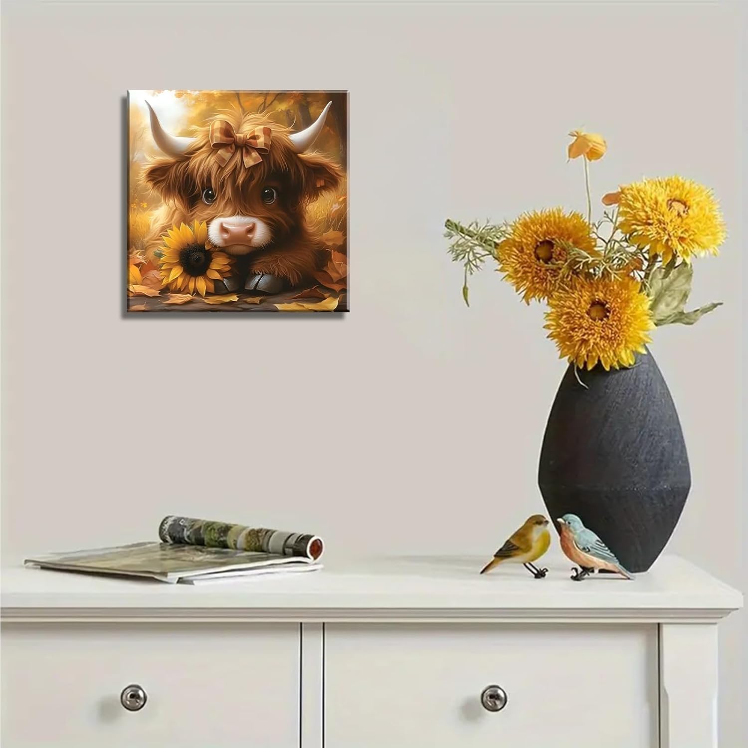 Cute Highland Cow Baby Canvas Wall Art Rustic Farmhouse Sunflower Wall Decor Picture Baby Cow Poster Print for Bedroom Bathroom Home Decoration 20x20in