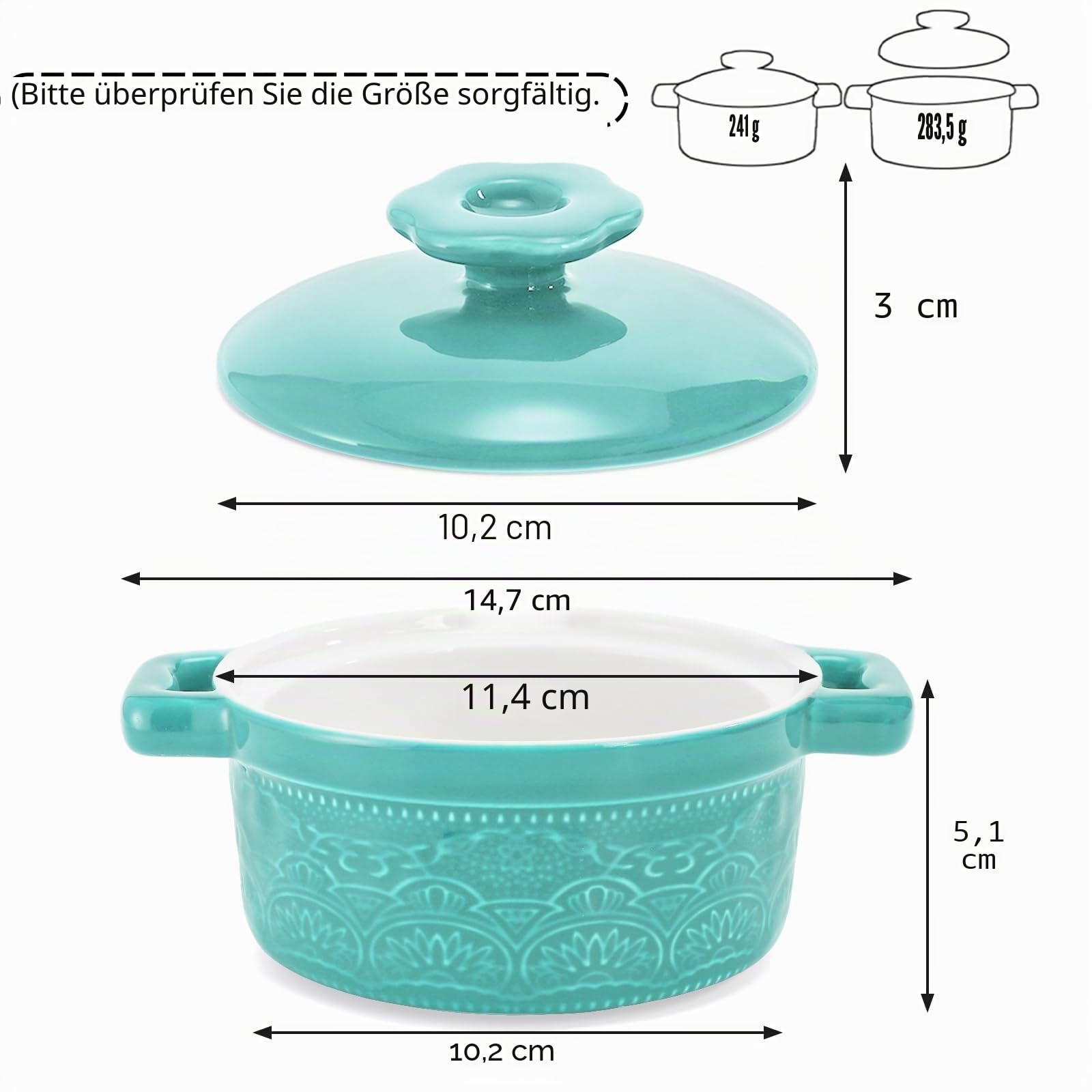 Hacaroa Set mit 6 Mini-Kokotte-Auflaufförmchen mit Deckel, 237 ml, Keramik-Auflaufförmchen mit Griffen, kleine Auflaufformen, individueller Serviertopf zum Backen, Soufflé, Suppe, Schuster, ofenfest,