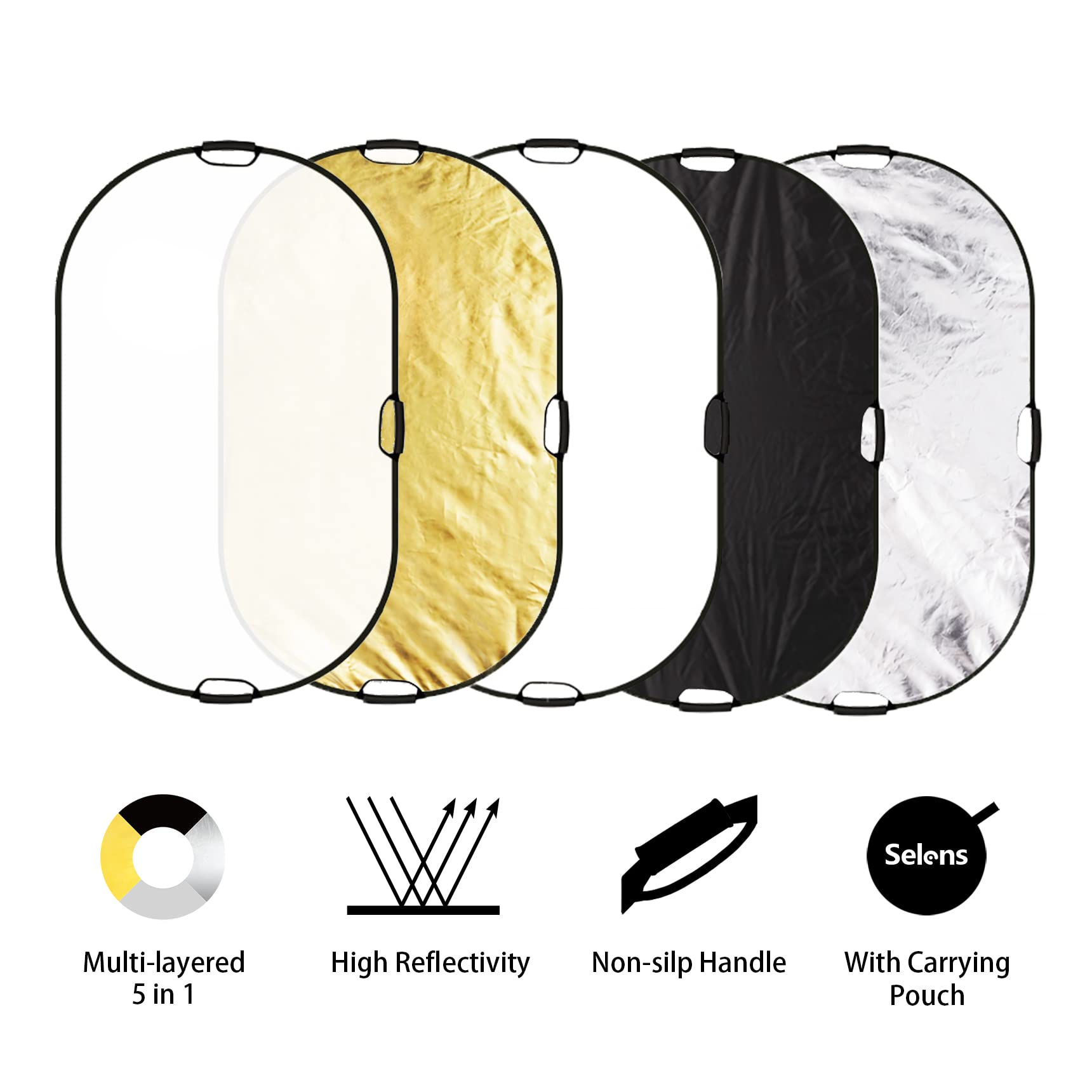 Selens 5-in-1 100x150cm Oval Reflektor Tragbarer Faltbarer für Fotografie Fotostudio Beleuchtung Außenbeleuchtung Studio Diffusor Reflector Durchlässig, Weiß, Schwarz, Silber, Gold Oberfläche
