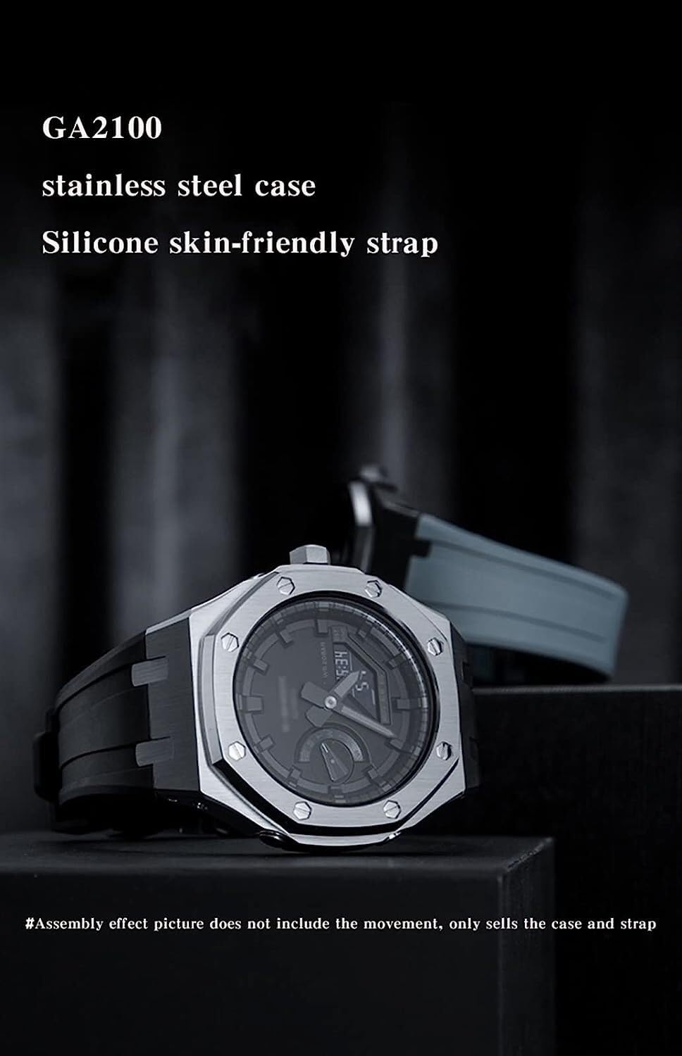 EZZON Etui ochronne ze stali nierdzewnej z silikonowym paskiem, do serii GA2100, zestaw do modyfikacji, stal 316L, klamra motylkowa, miękki silikonowy pasek dla mężczyzn