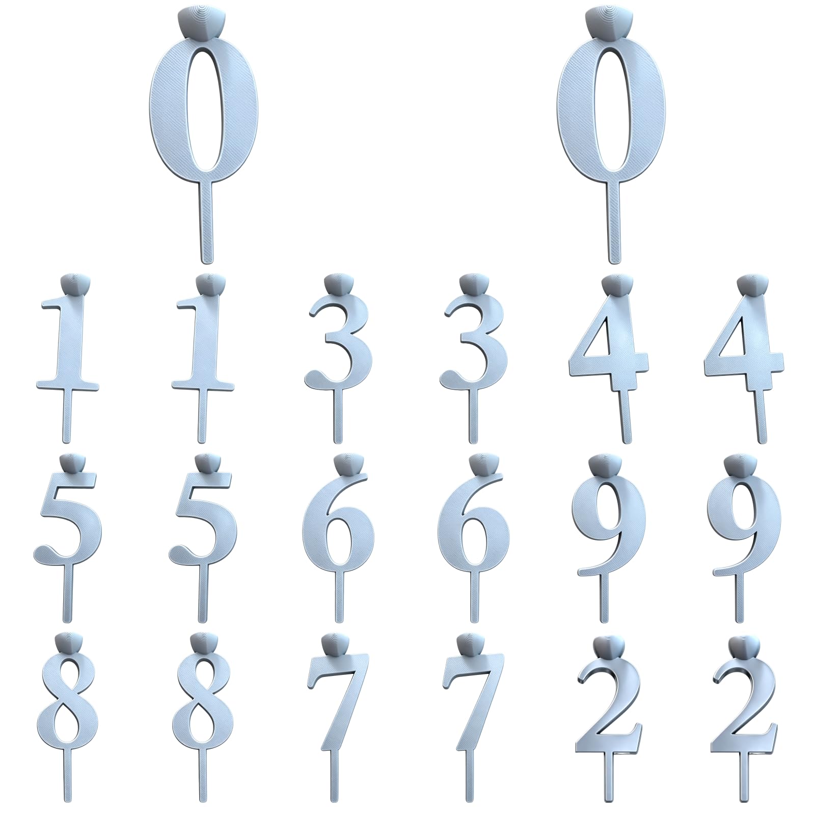 Lot de 20 porte-bougies numériques d'anniversaire, 2 jeux de chiffres de 0 à 9 réutilisables, topper argenté à texture mate, support pour bougies, fête d'anniversaire, célébrations marquantes, gris