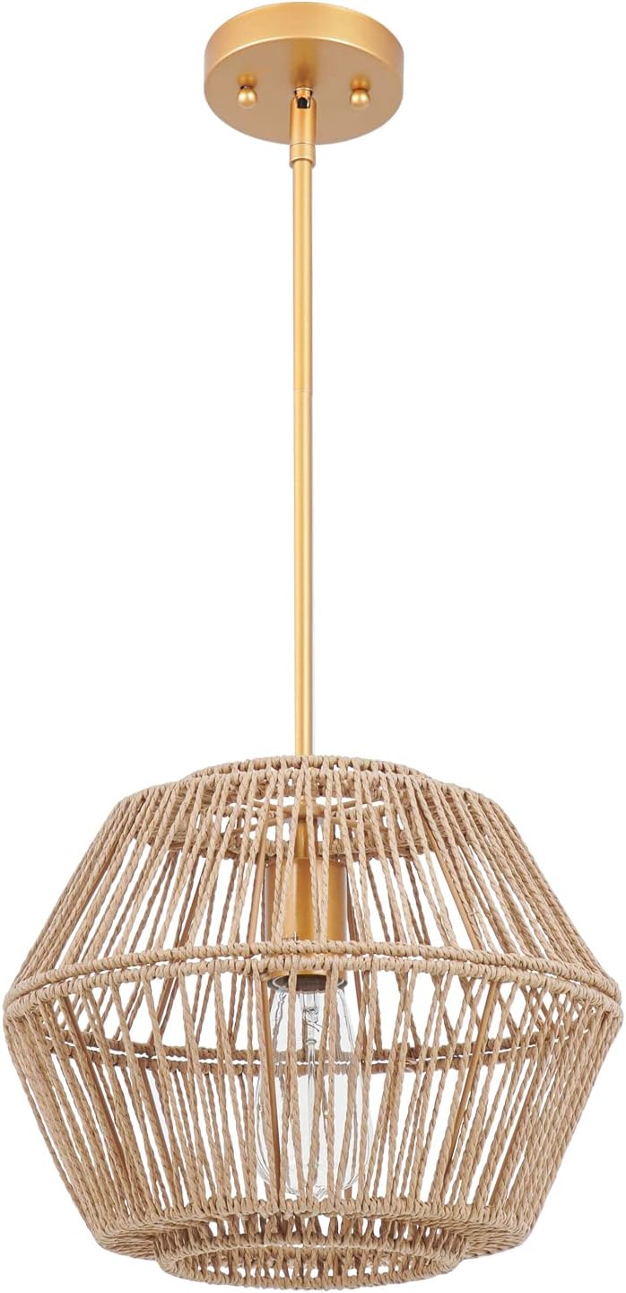 VILUXY Woven Rattan Pendant Light Fixture, Hand-Worked Cage Shade Natural Abaca Rope Chandelier Antique Brass Brush Paint Finish for Bedroom, Dining Table, Living Room, Kitchen Island