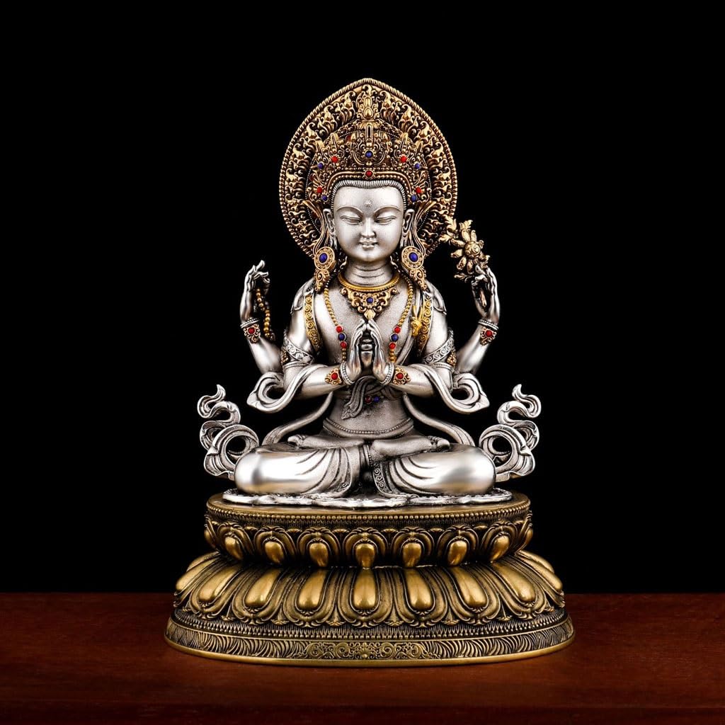 Posąg Buddy do wnętrz domowy czteroramienny Guanyin mosiężny posąg Buddy Ozdoby Salon Studium Zen Posąg Buddy Ozdoby Medytująca Statua Buddy Figurka Rzeźba