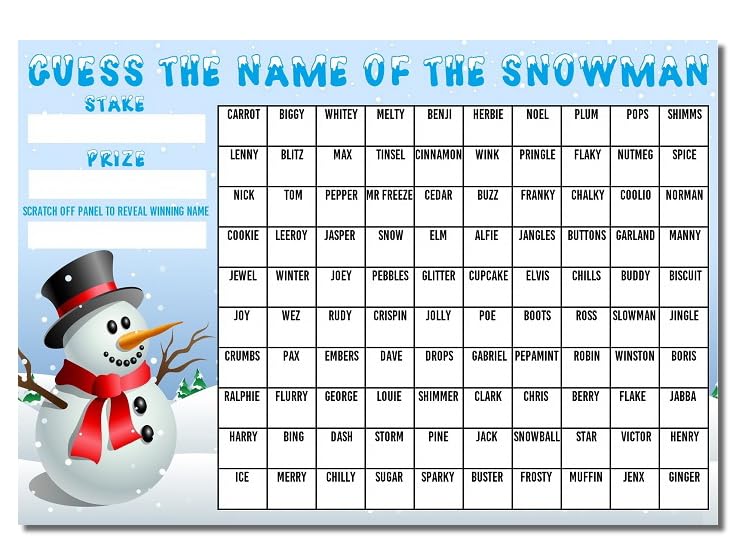 A3 Snowman Guess The Name of Fundraising Scratchcard Match and Win card