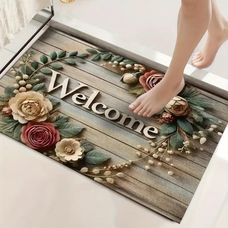 Image of Floral Welcome Doormat for Home Entrance - Non-Slip, Waterproof, and Easy-Clean Floor Mat - Indoor Outdoor Decorative Rug for Front Door, Porch, Patio, Kitchen & Living Room