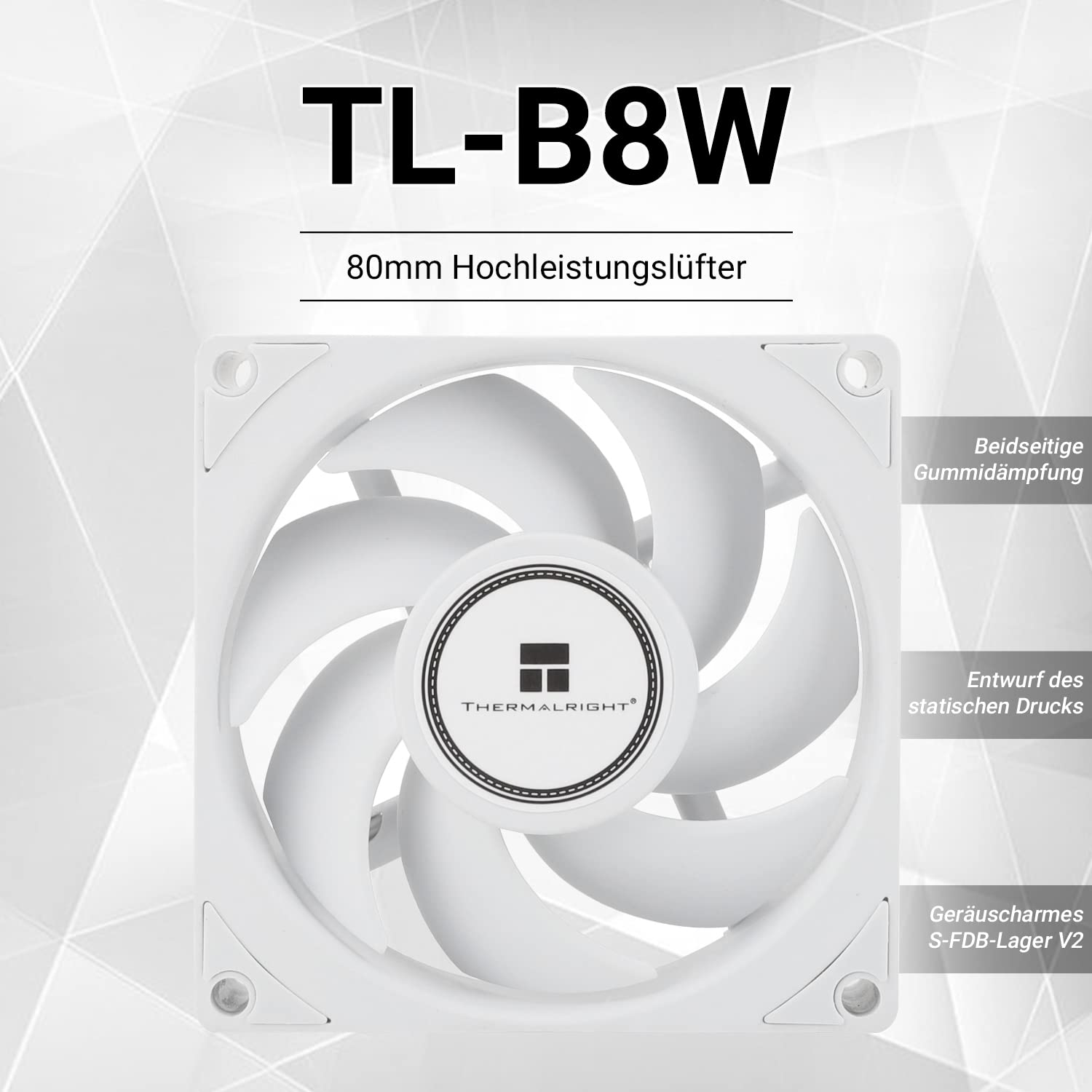 Thermalright TL-B8W CPU wentylator komputerowy, cichy, 4-pinowy PWM, cichy wentylator chłodzący, 80 mm, prędkość 2200 obr./min, 80 x 80 x 25 mm (biały)