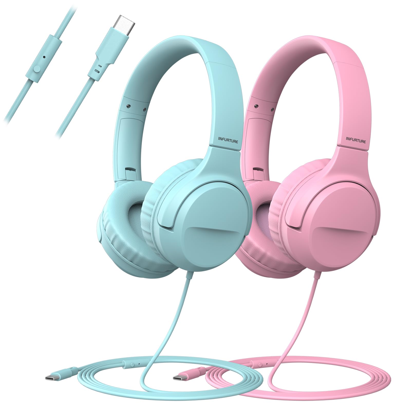 VkingMoR Wired Type-C Headphones for Boys/Girls with 94dB Safe Volume Limited, HD Stereo Sound Foldable Over-Ear Headphones for Tablet/School/Travel（2