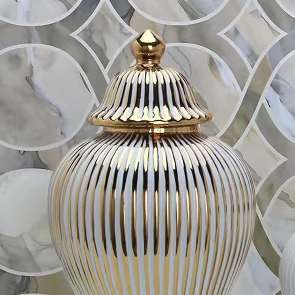 Ceramiczny słoik imbirowy z pokrywką - retro porcelanowy słoik na świątynię do dekoracji biura domowego, biały i złoty wzór w paski