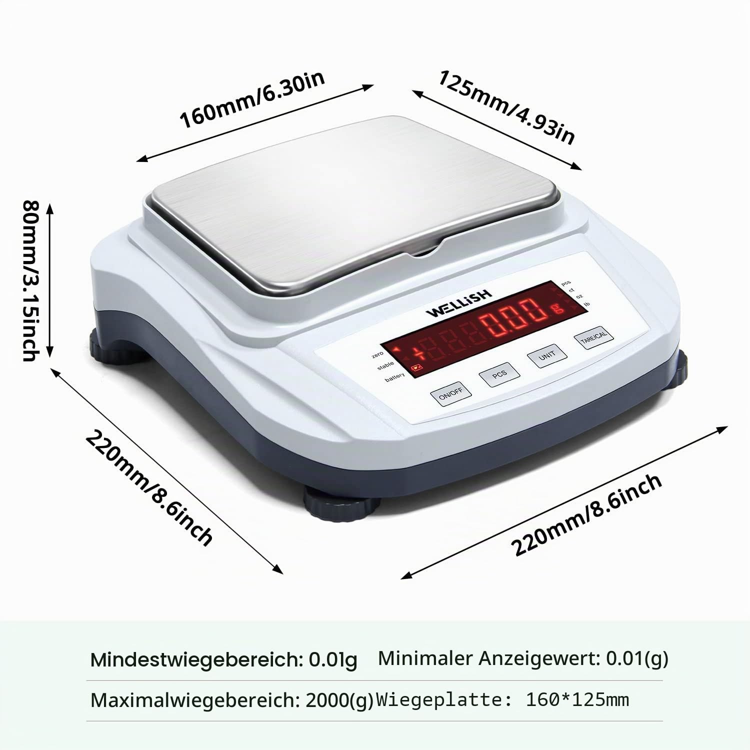 WELLiSH Präzisionswaage 2000gx0.01g Digitale Analysenwaage Elektronische Waage mit LCD-Anzeige