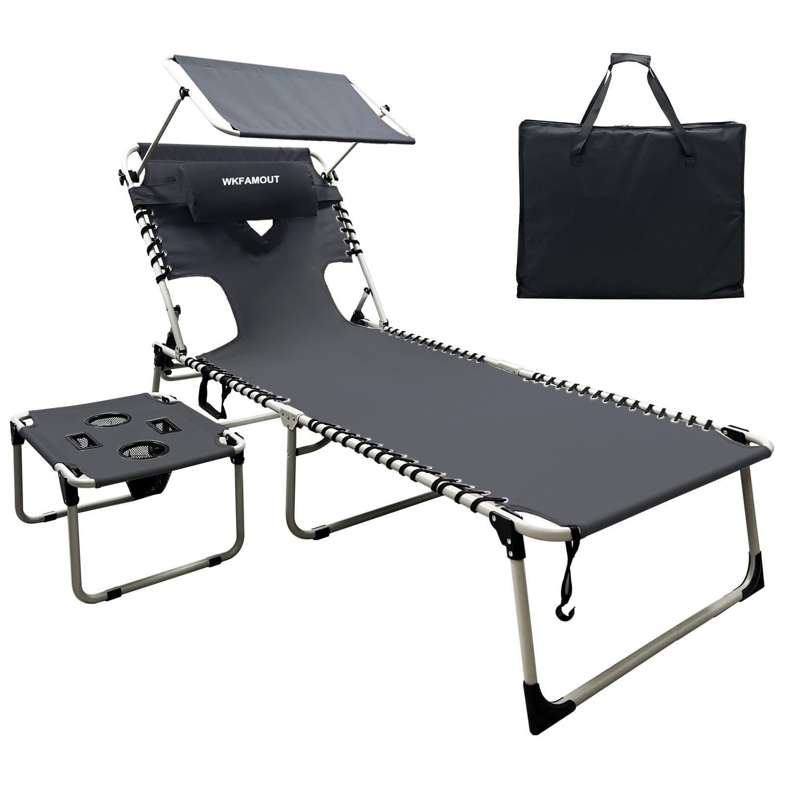 Outdoor Tanning Chair with Sun Canopy Shade &amp; Face Hole, Folding Lounge Chair with Beach Table and Carry Bag for Poolside Sunbathing Lawn