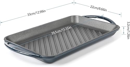 Miniatura 2 de HAWOK Sartén rectangular de hierro fundido esmaltado con asas de doble bucle, plancha rectangular, sartén para horno holandés con asas, azul marino