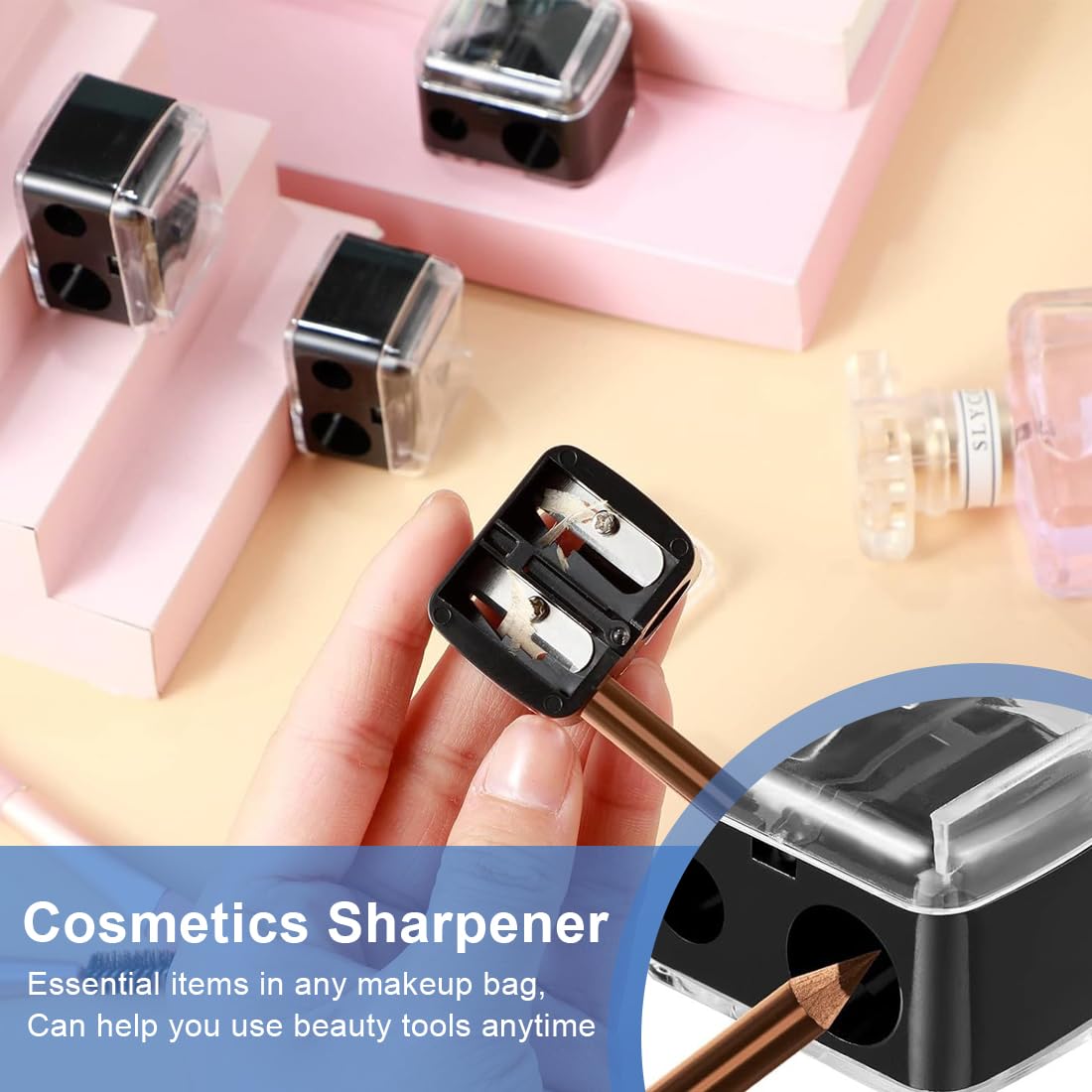 2 Pezzi Temperamatite di Bellezza, Temperino Matita Occhi, Temperino Doppio per Matite Cosmetiche, Temperamatite Trucco, Temperino Trucco, Nero+Beige