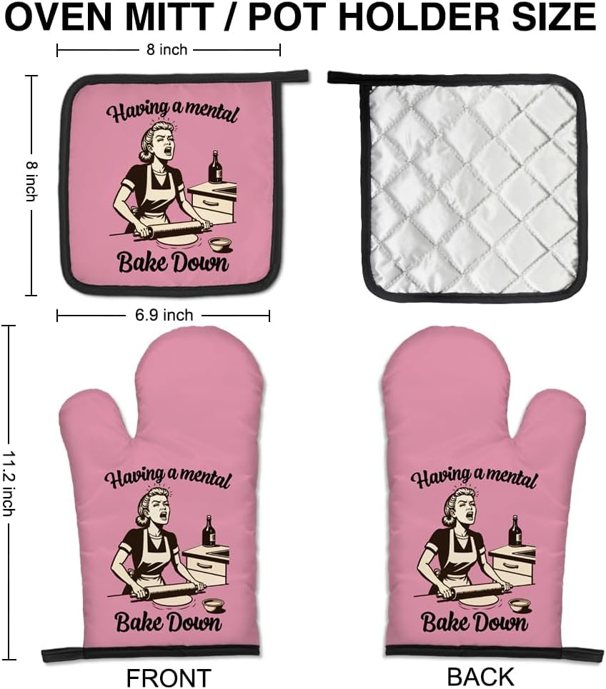 Having a Mental Bake Down Funny Oven Mitts and Pot Holders Set, Great Kitchen Tools for Making Cakes and Desserts, Gifts for Baking Enthusiasts, Thanksgiving Gifts for Women Chef Baker Friends - Image 2