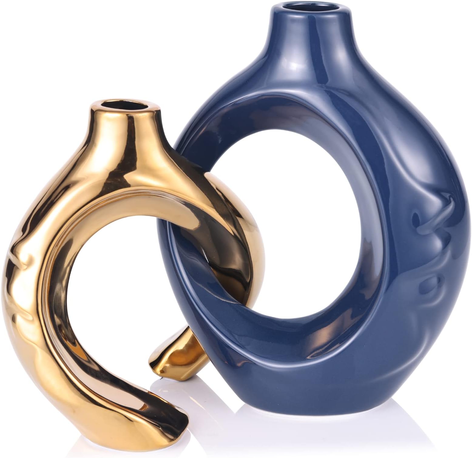 Navy Blue Vases Set Table Centerpieces, Modern Blue and Gold Ceramic Vase Home