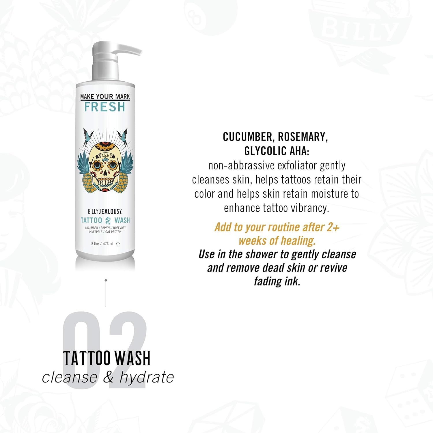 Billy Jealousy Make Your Mark Fresh Tattoo Wash, Cleansing and Hydrating Tattoo Aftercare Enriched With Cucumber and Rosemary