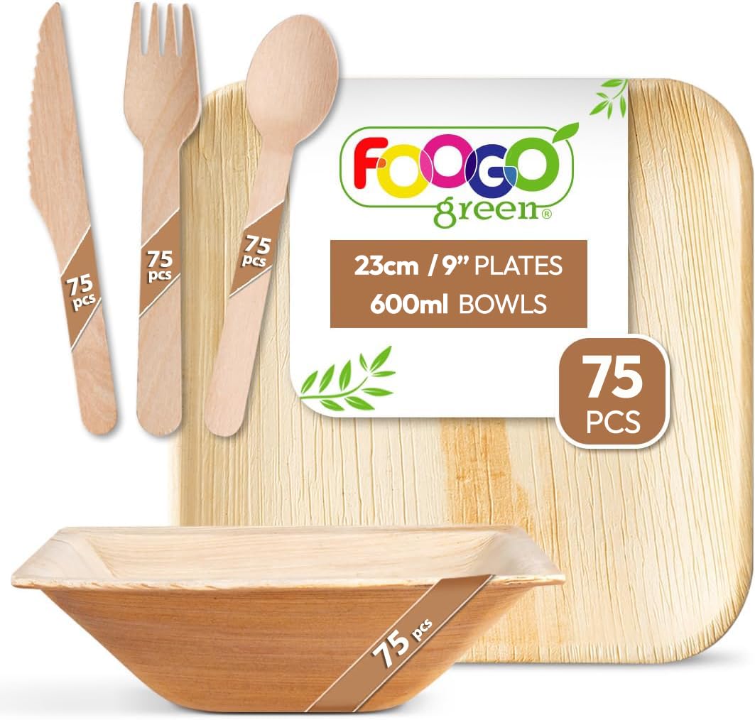 FOOGO Green 375pcs Disposable Palm Leaf Plates, Bowls and Wooden Cutlery Set, FSC® Certified, 75x Large Square Plates, 75xBowls, 75xForks, 75xKnives, 75x Spoons, Eco Friendly Party — image 1