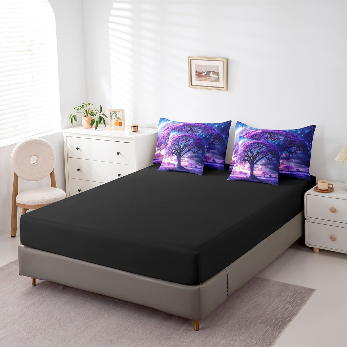 Erosebridal Trees Bedding Full Size 7pcs Bed in a Bag, Sunset Dusk Branches Leaves Bedding Comforter Sets, Cloud Starry Sky Woodland Bed Sheets Set, Purple Blue Pink Night Landscape Comforter Set